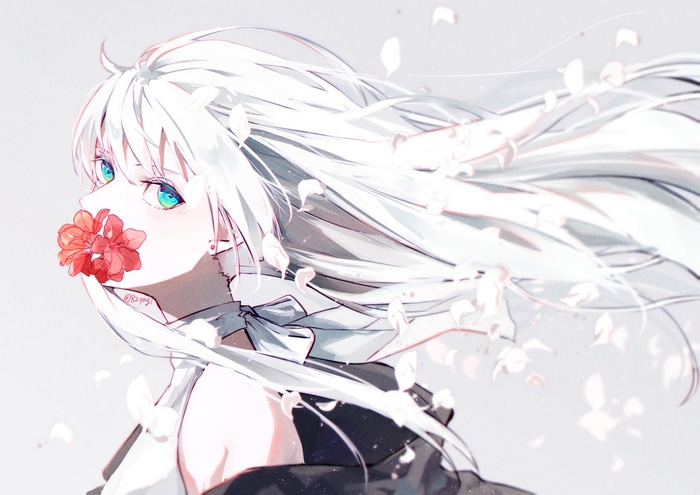 Anime girl with white hair and blue eyes holding a flower
