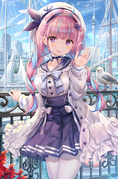 Minato Aqua in a sailor outfit with seagulls and boats