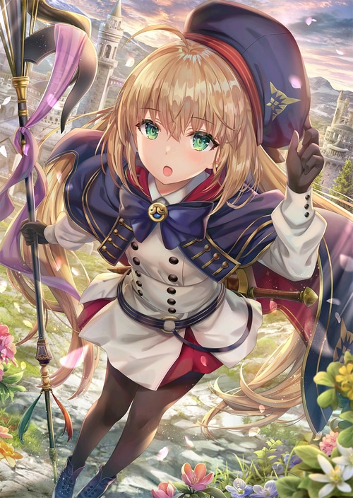 Artoria Caster from Fate/Grand Order with blonde hair and green eyes