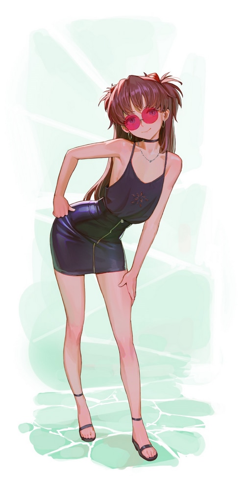 Asuka Langley Soryu in a black dress and pink sunglasses