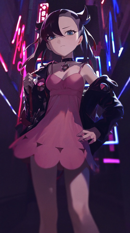 Marnie from Pokémon in a pink dress with neon lights