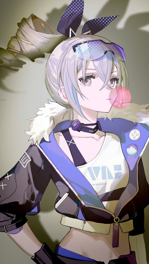 Anime girl with bunny ears blowing bubblegum