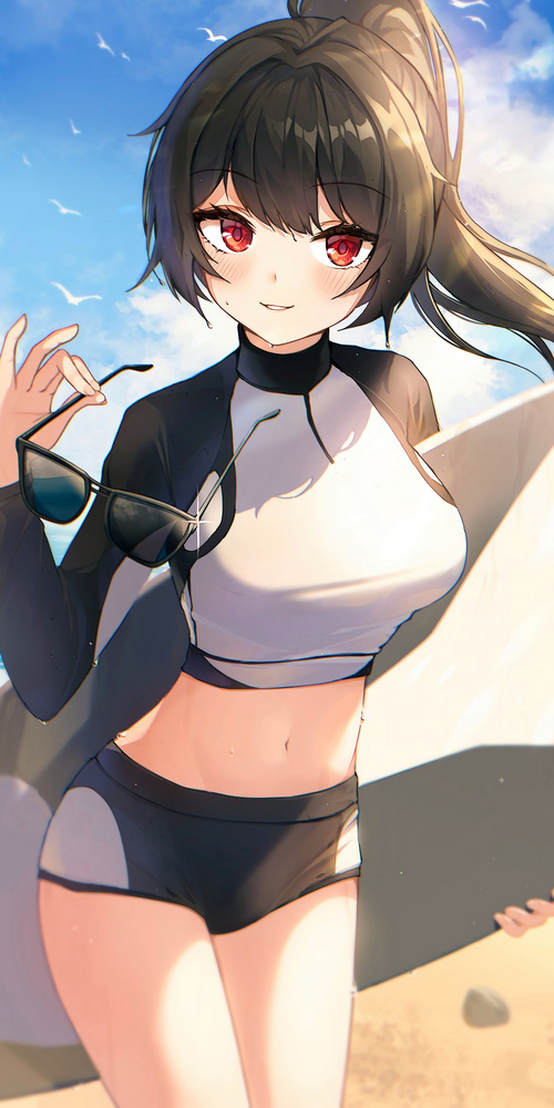 Anime girl with red eyes holding sunglasses and surfboard