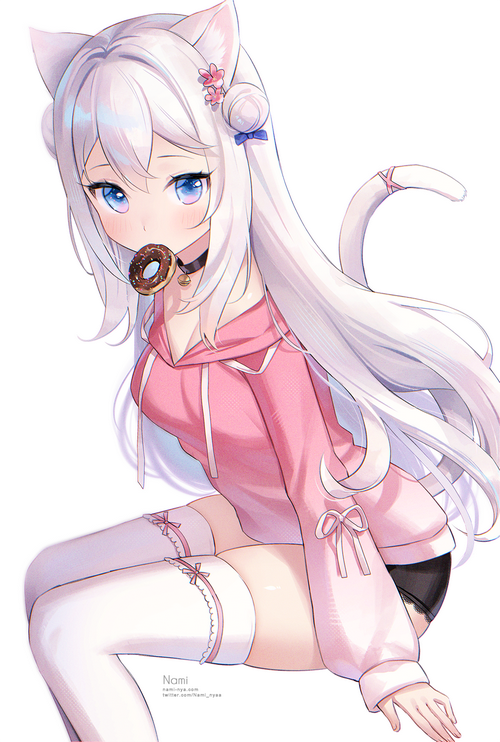 Anime cat girl with donut and pink hoodie