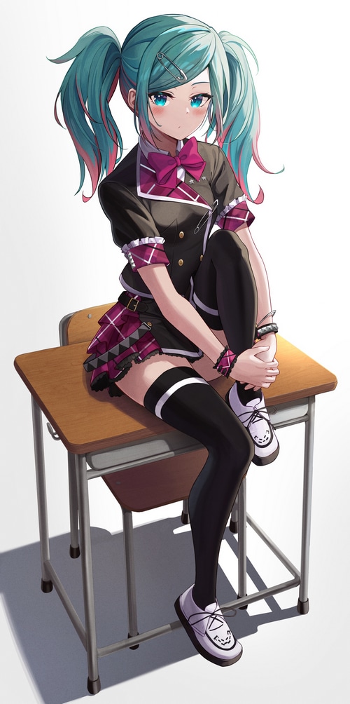 Anime girl with blue hair and pigtails sitting on a desk
