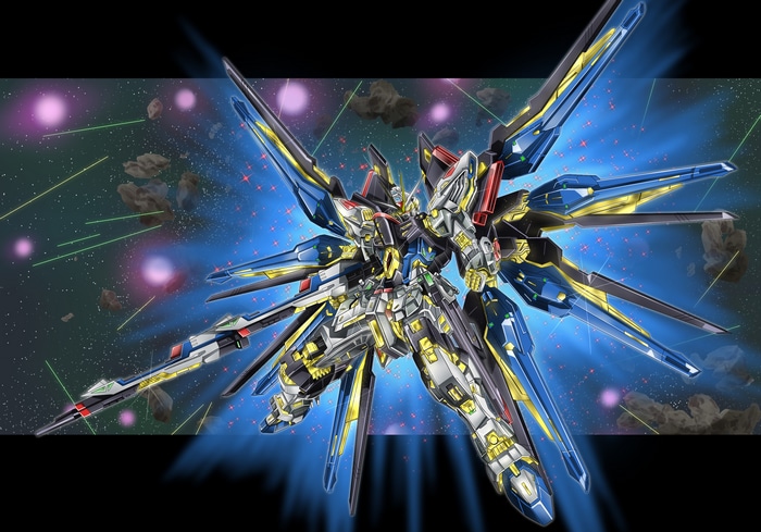 Strike Freedom Gundam in Space with Asteroids