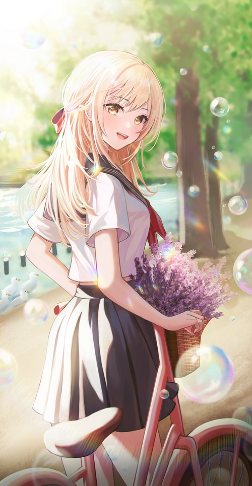 Anime girl with blonde hair and yellow eyes in school uniform