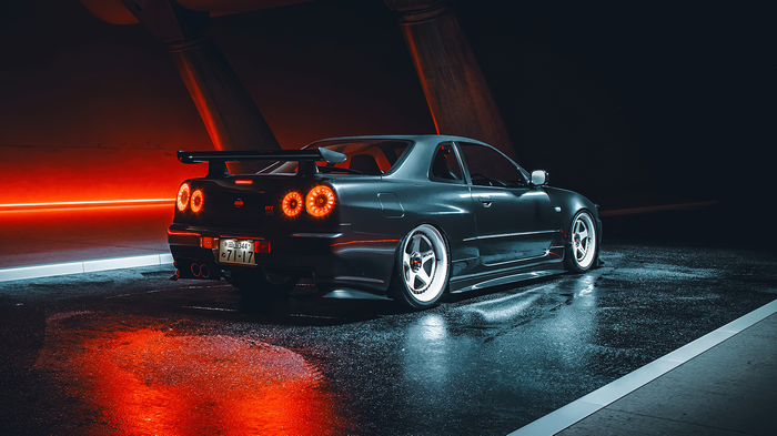 4K Nissan Skyline R34 with red neon lights