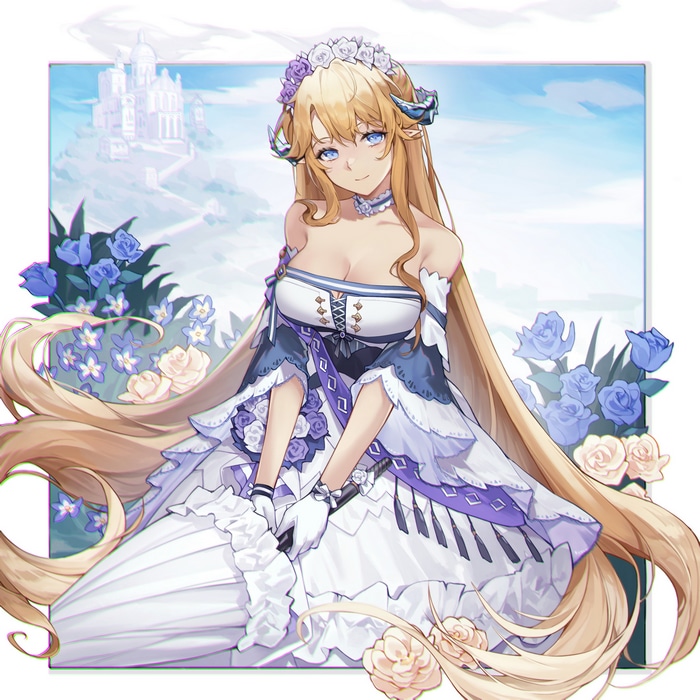 Arknights Saileach in a wedding dress with flowers