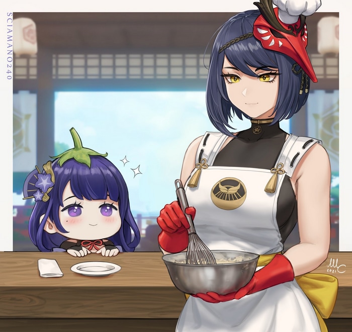Kujou Sara and Raiden Shogun cooking in Genshin Impact