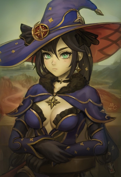 Mona from Genshin Impact wearing a blue witch hat