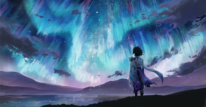 Xiao watches the aurorae in Genshin Impact
