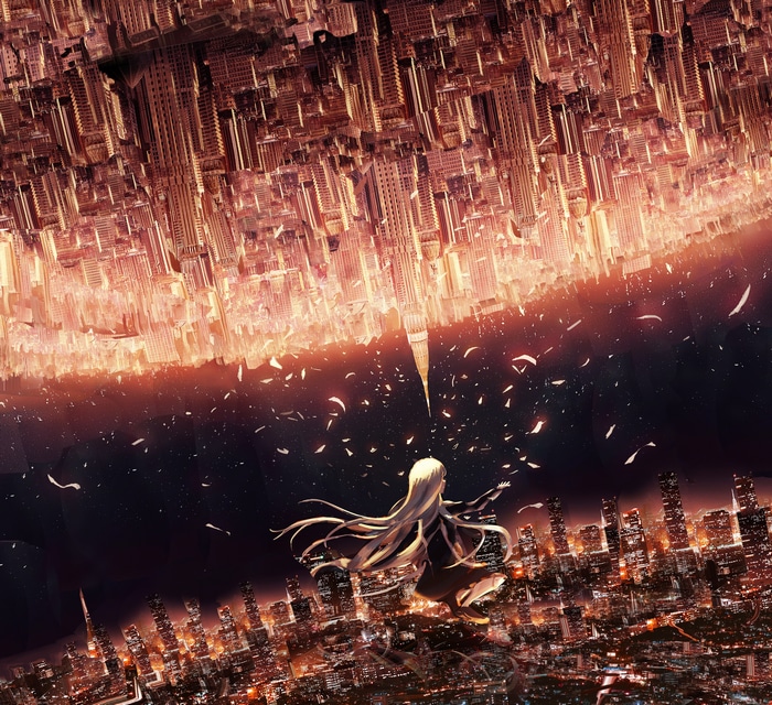 Girl in an upside down city at night