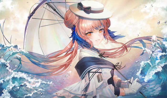 Anime girl with umbrella in the ocean