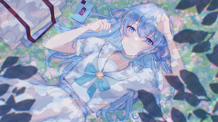 4K anime girl with blue hair and eyes lying down