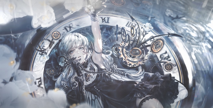 Anime girl with white hair and clock gears