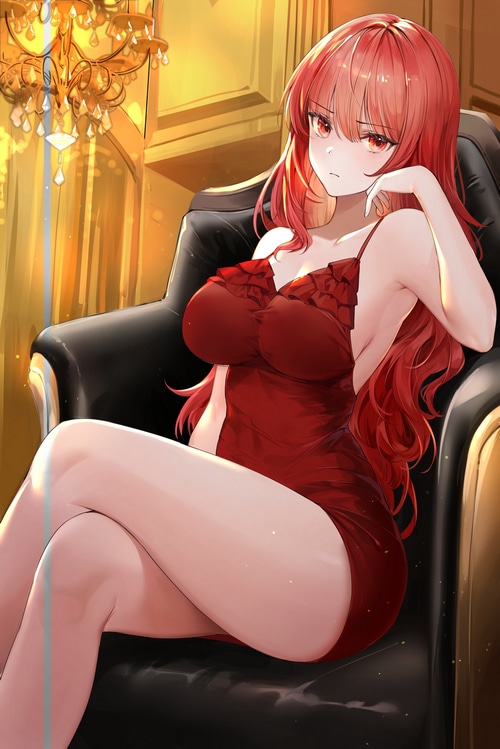 Woman in red dress sitting in a chair