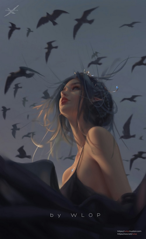 Ghostblade artwork of a woman with pointy ears and crows