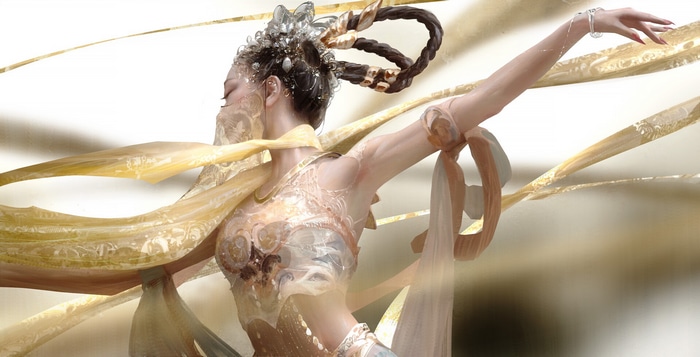 Dancer in Chinese clothing with veils and braids