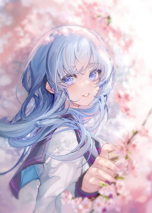 Anime girl with blue hair and blue eyes near cherry blossoms