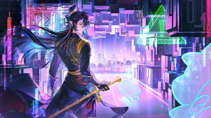 Anime boy with sword in futuristic city