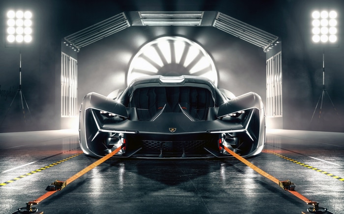 Lamborghini sports car in a futuristic garage