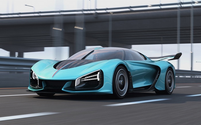 Hong Qi Cyan Sports Car on Asphalt Road