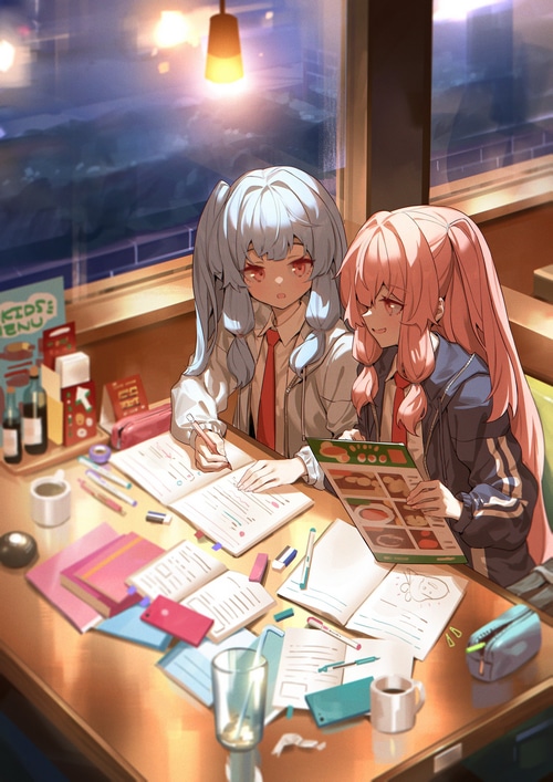 Kotonoha Aoi and Kotonoha Akane studying