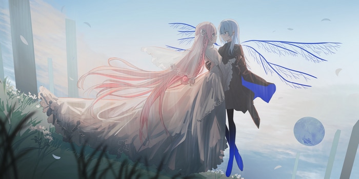 Fan art of two women with pink and blue hair
