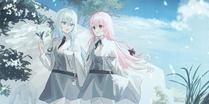 Two women with blue and pink hair in school uniforms