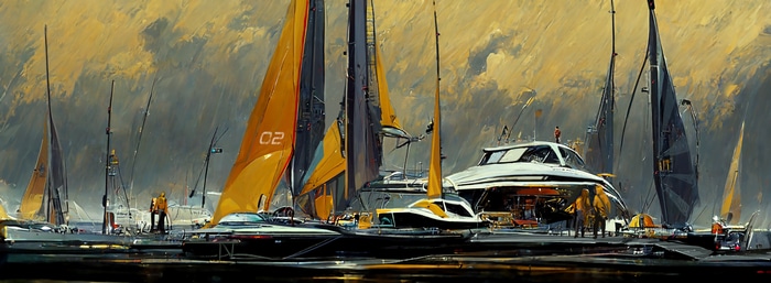 Sailboats docked at a harbor with people on deck