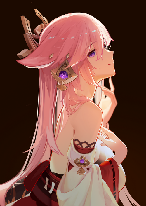 Yae Miko from Genshin Impact with pink hair and purple eyes
