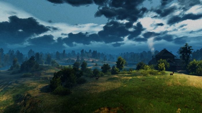 The Witcher 3: Wild Hunt landscape with a house and deer