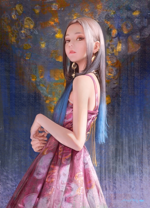 MuSi, Woman in a Pink Dress with Blue Hair