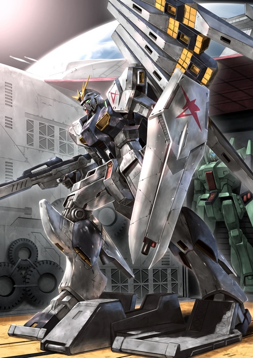 RX-93 v Gundam and other mechs in a hangar