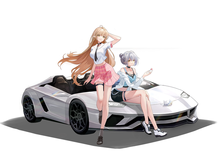 Two anime girls with a white sports car
