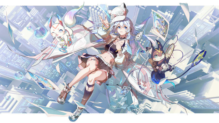 Girl with Fox and Bunny Companions in Futuristic City