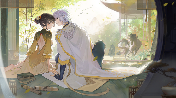 Anime couple and horse in a traditional Japanese garden