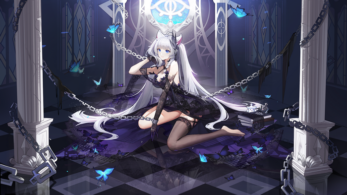 Cat girl in black dress with butterflies and chains