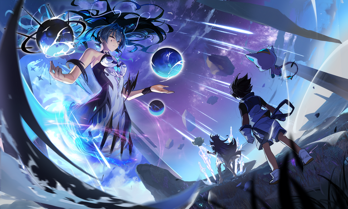 Anime girl with blue hair and energy powers