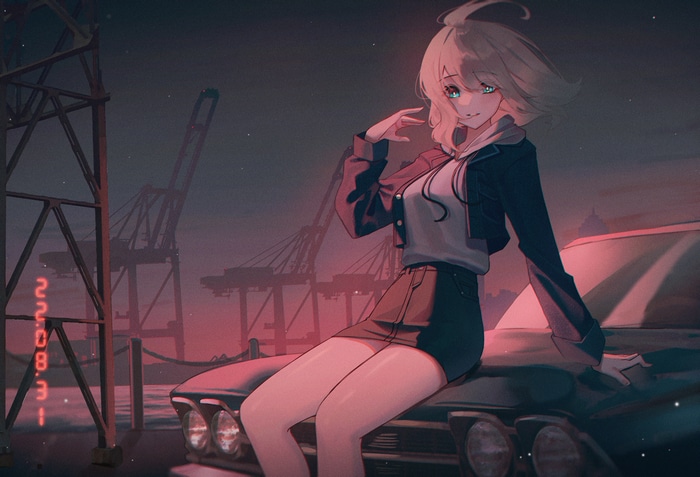 Anime girl in skirt and white top by car at construction site