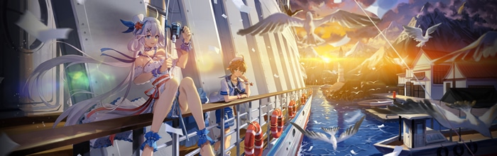 Anime couple on a boat at sunset
