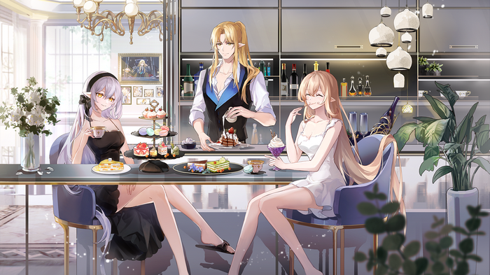 Aura Star characters enjoying sweets in a modern kitchen