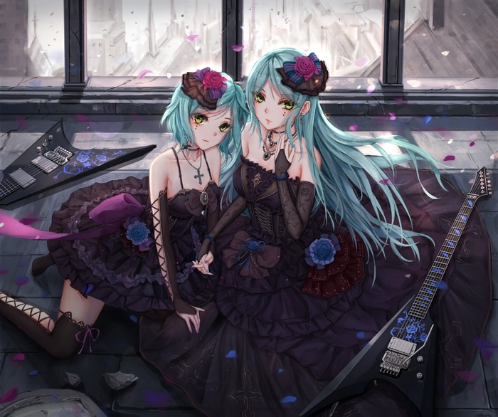 Anime twins with green hair and guitars