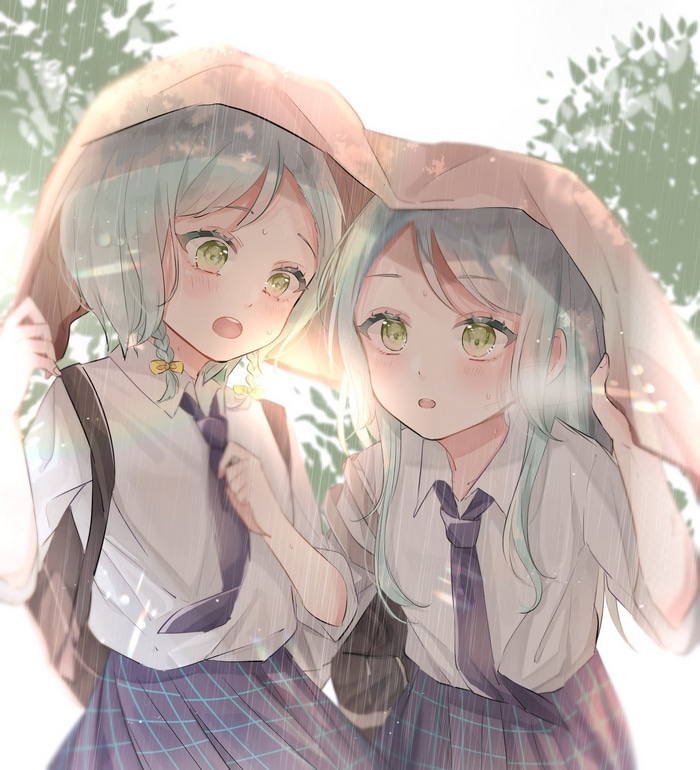 Hikawa Hina and Hikawa Sayo in the rain