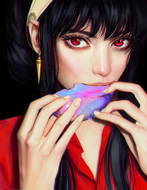 Yor Forger from Spy x Family eating a colorful object