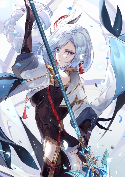 Shenhe from Genshin Impact holding a polearm