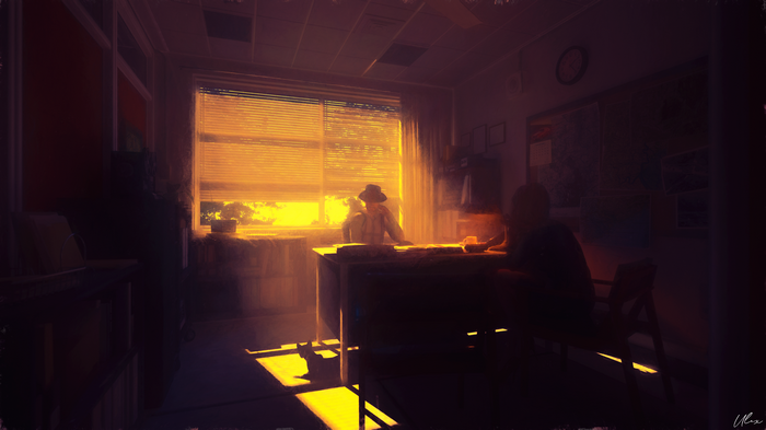 Film noir office with detectives in sunlight