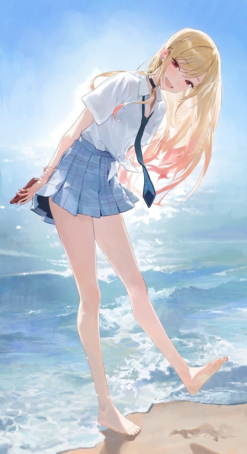 Kitagawa Marin on a beach in a school uniform