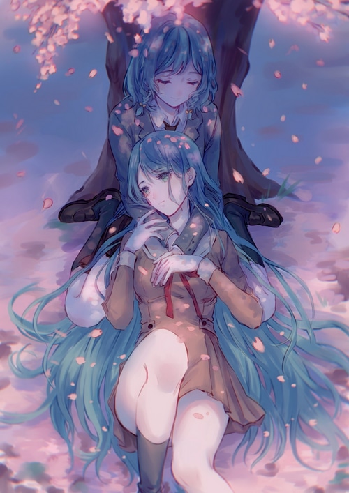 Hikawa Sayo and Hikawa Hina under a cherry blossom tree